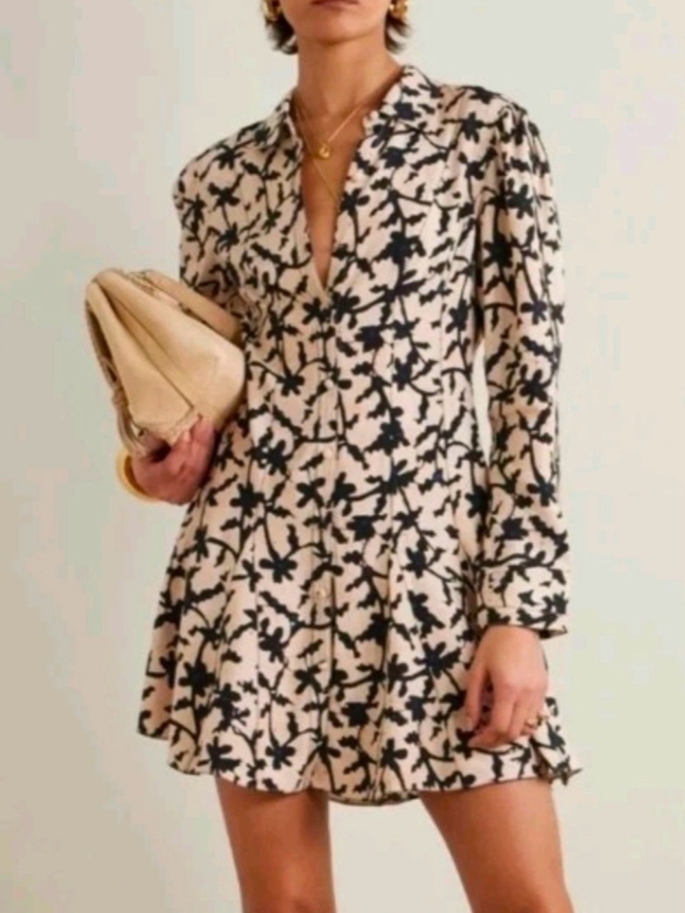 Ulla Johnson Cream Abstract Floral Print Long Sleeve Short Dress **Size 12**🌺🌺